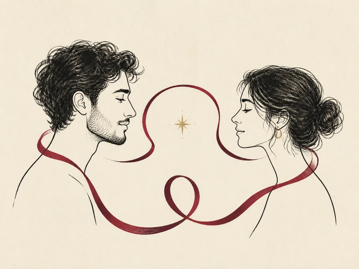 Two illustrated profiles connected by a burgundy ribbon