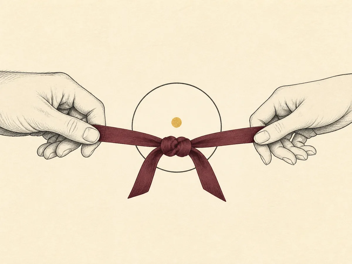 Two illustrated hands holding a balanced burgundy ribbon