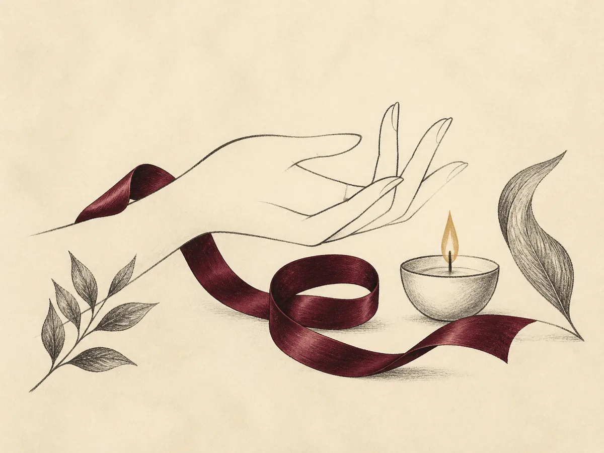 Illustrated hand, ribbon, leaves and candle